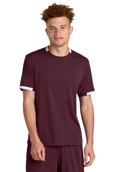 Sport-Tek ST440 Mens Club Moisture Wicking Short Sleeve Crewneck T-Shirt Maroon/White Model Front