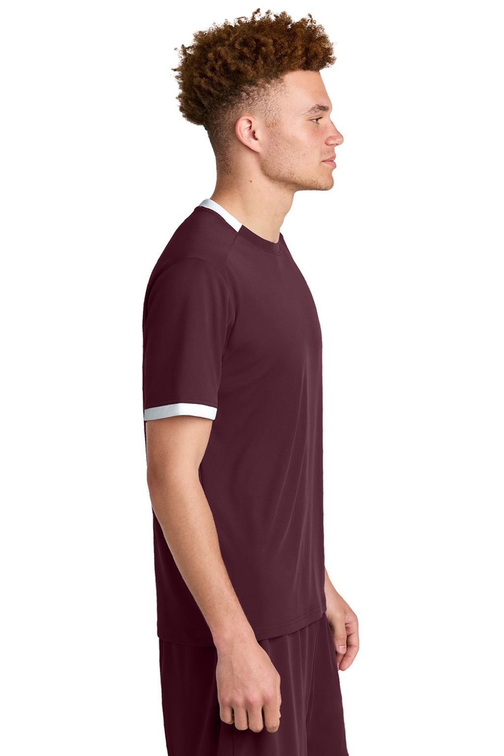 Sport-Tek ST440 Mens Club Moisture Wicking Short Sleeve Crewneck T-Shirt Maroon/White Model Side