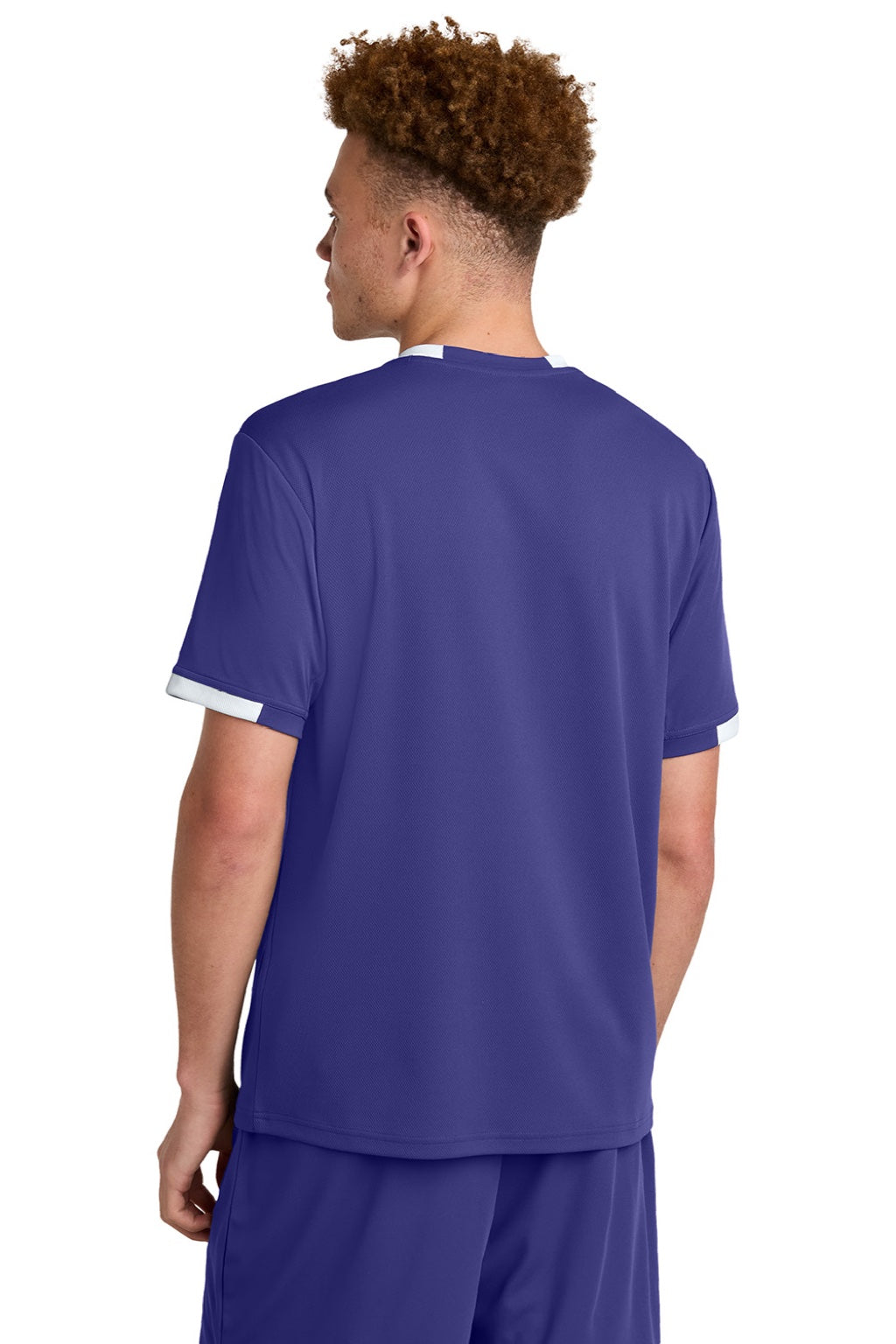 Sport-Tek ST440 Mens Club Moisture Wicking Short Sleeve Crewneck T-Shirt Purple/White Model Back