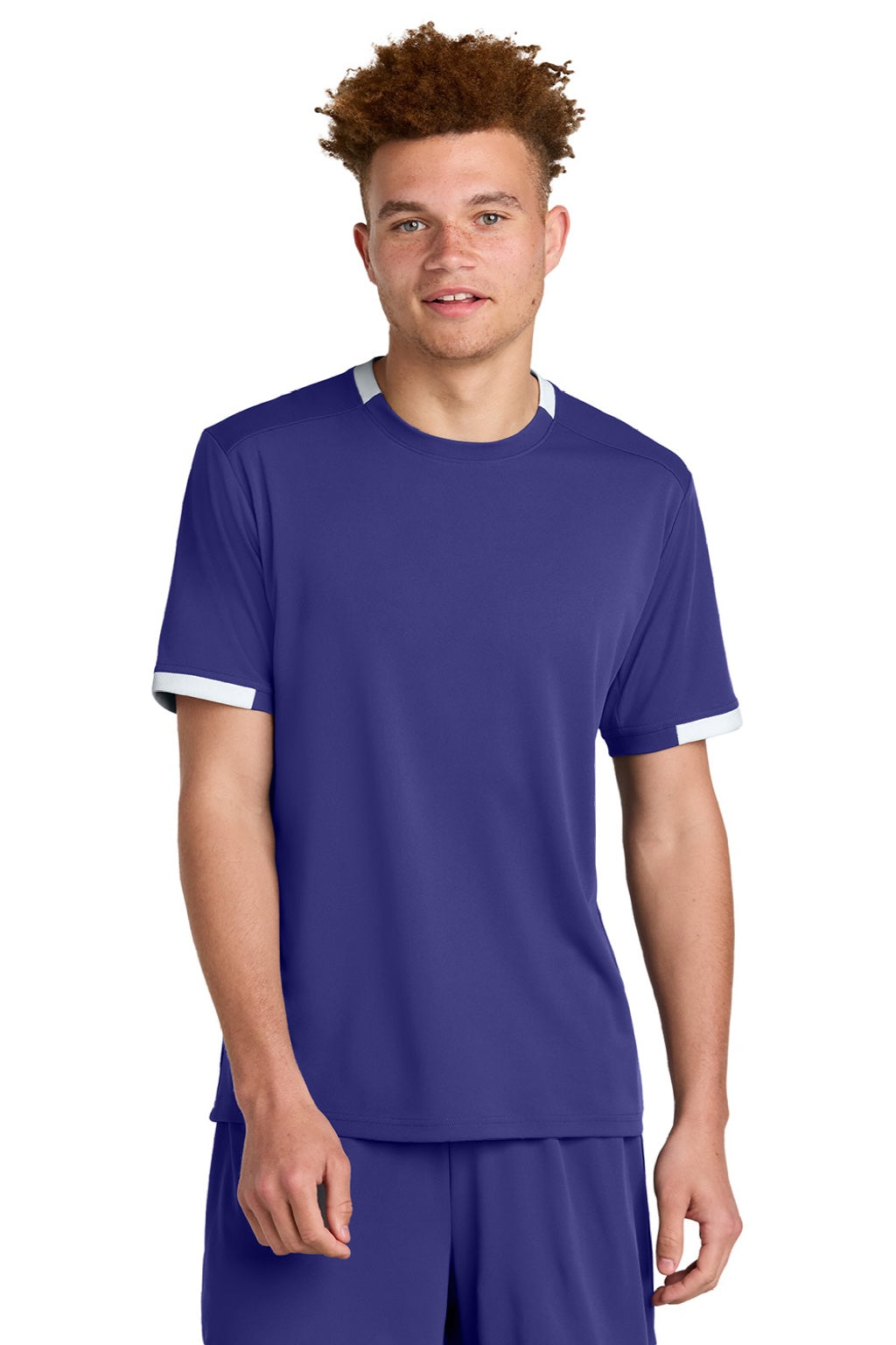 Sport-Tek ST440 Mens Club Moisture Wicking Short Sleeve Crewneck T-Shirt Purple/White Model Front