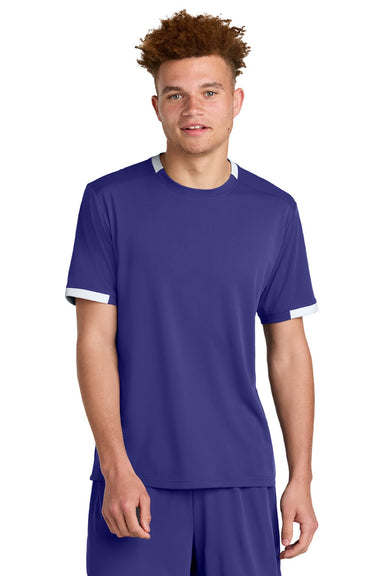 Sport-Tek ST440 Mens Club Moisture Wicking Short Sleeve Crewneck T-Shirt Purple/White Model Front