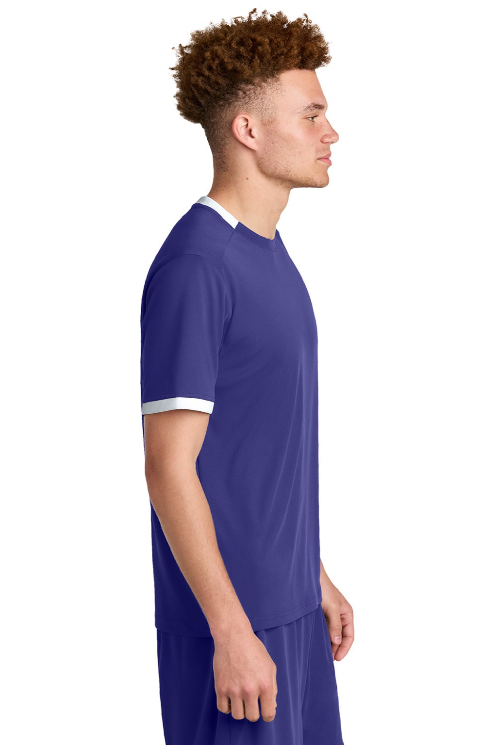 Sport-Tek ST440 Mens Club Moisture Wicking Short Sleeve Crewneck T-Shirt Purple/White Model Side