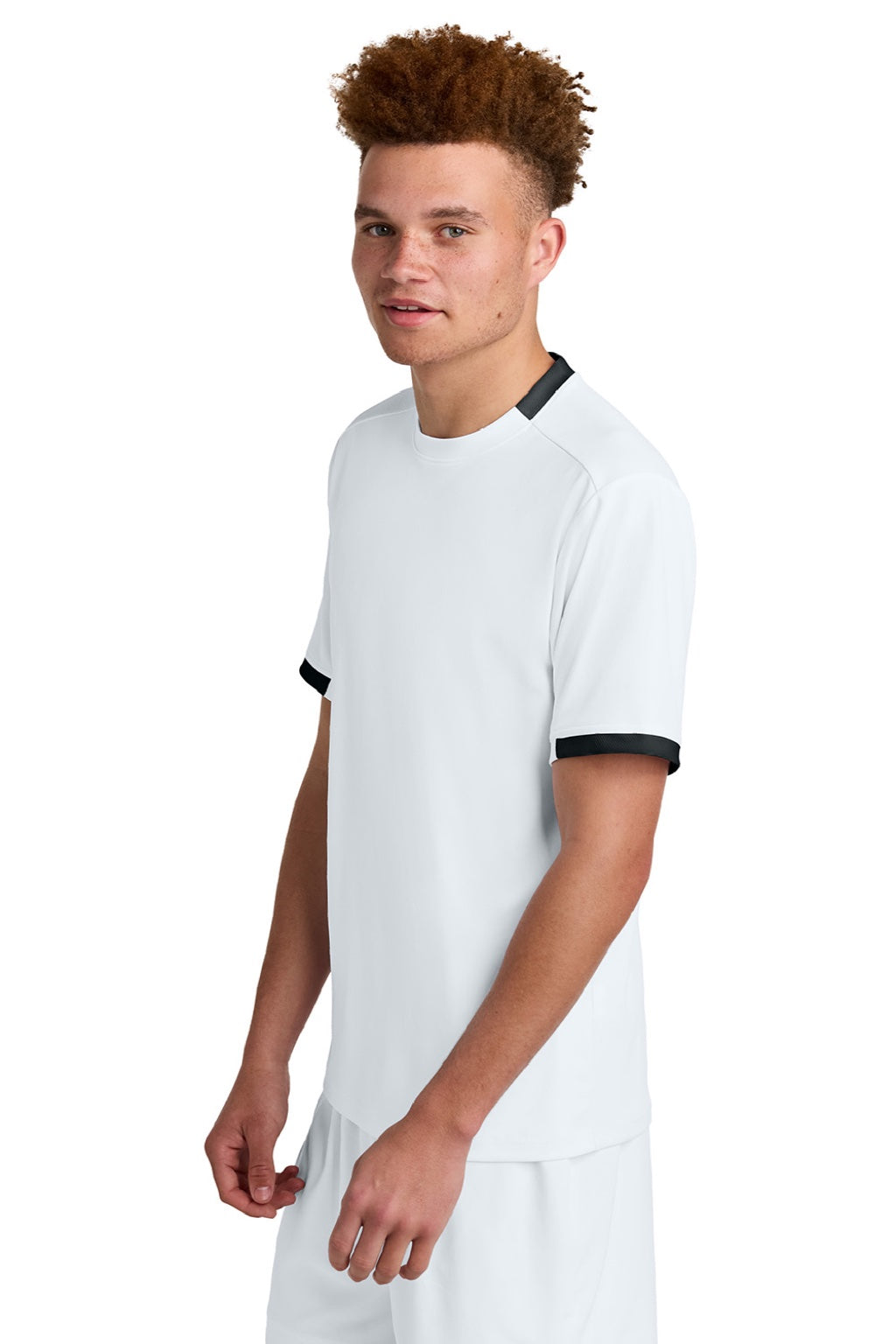 Sport-Tek ST440 Mens Club Moisture Wicking Short Sleeve Crewneck T-Shirt White/Black Model Side