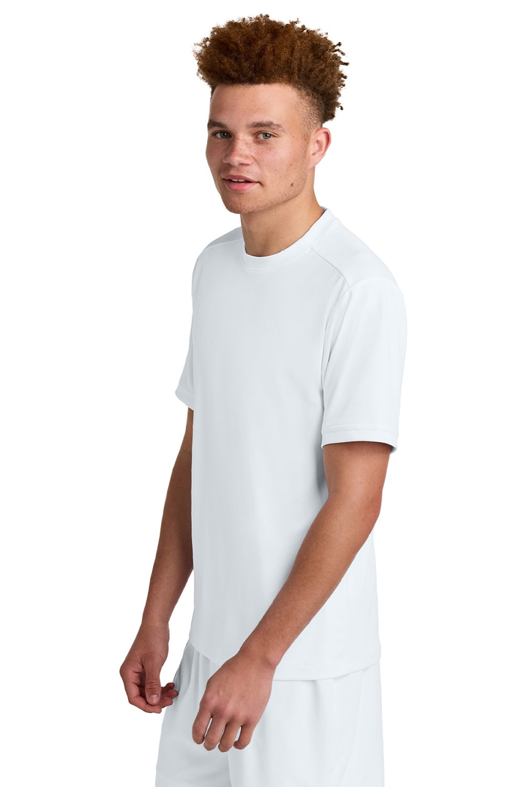 Sport-Tek ST440 Mens Club Moisture Wicking Short Sleeve Crewneck T-Shirt White/White Model Side