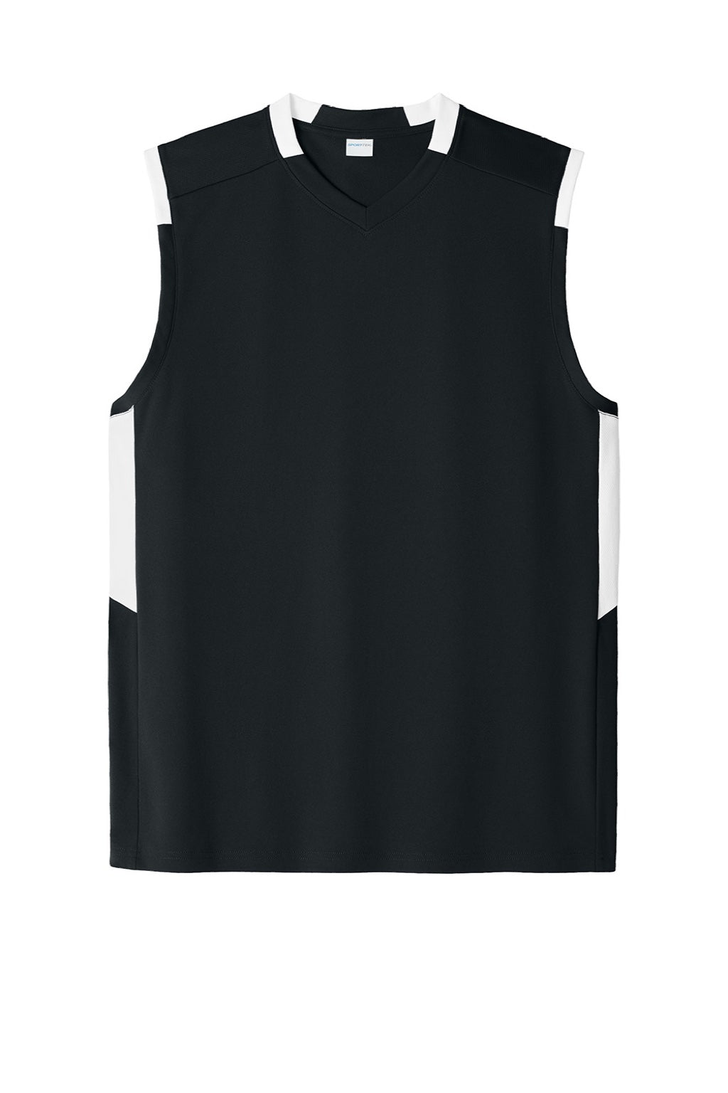 Sport-Tek ST441 Mens Club Moisture Wicking V-Neck Tank Top Black/White Flat Front