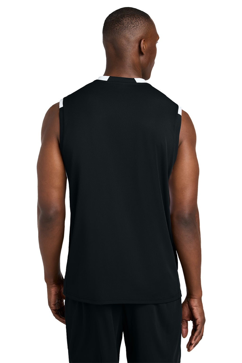 Sport-Tek ST441 Mens Club Moisture Wicking V-Neck Tank Top Black/White Model Back