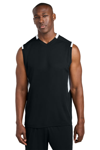 Sport-Tek ST441 Mens Club Moisture Wicking V-Neck Tank Top Black/White Model Front