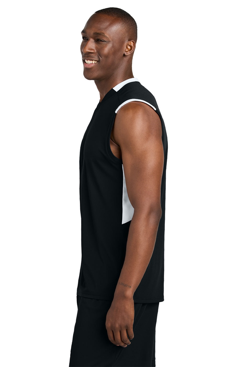 Sport-Tek ST441 Mens Club Moisture Wicking V-Neck Tank Top Black/White Model Side