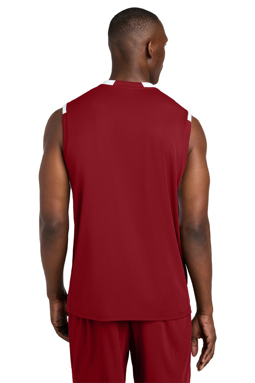 Sport-Tek ST441 Mens Club Moisture Wicking V-Neck Tank Top Deep Red/White Model Back