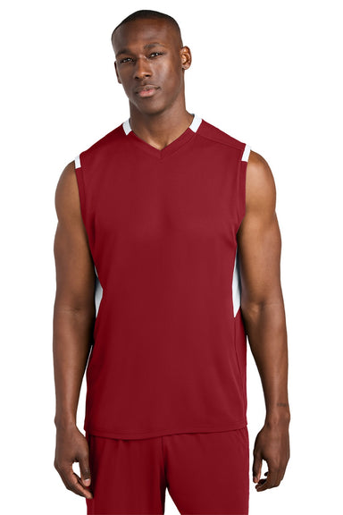 Sport-Tek ST441 Mens Club Moisture Wicking V-Neck Tank Top Deep Red/White Model Front