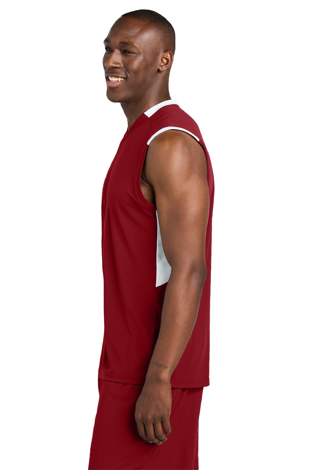 Sport-Tek ST441 Mens Club Moisture Wicking V-Neck Tank Top Deep Red/White Model Side