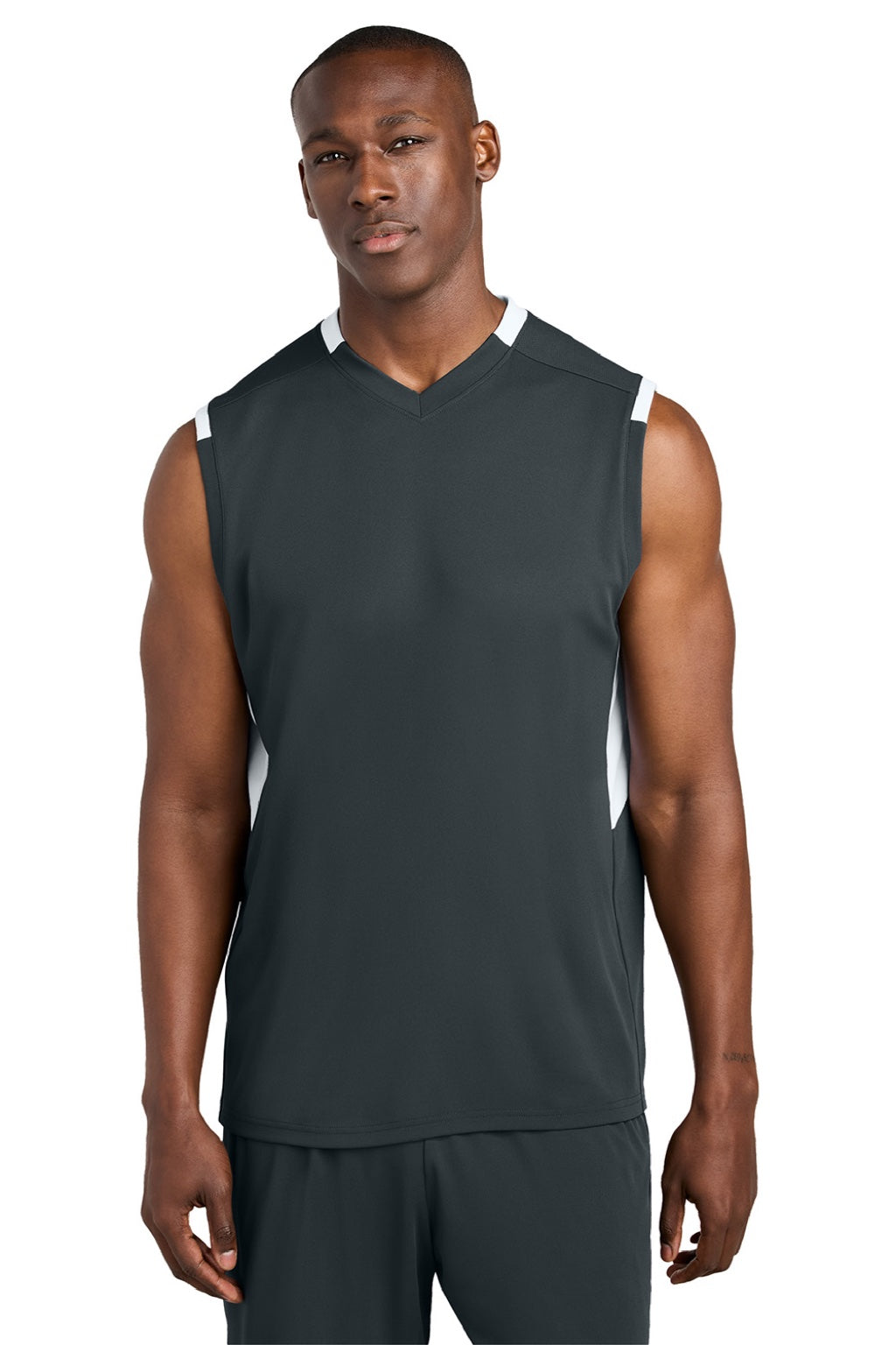 Sport-Tek ST441 Mens Club Moisture Wicking V-Neck Tank Top Iron Grey/White Model Front