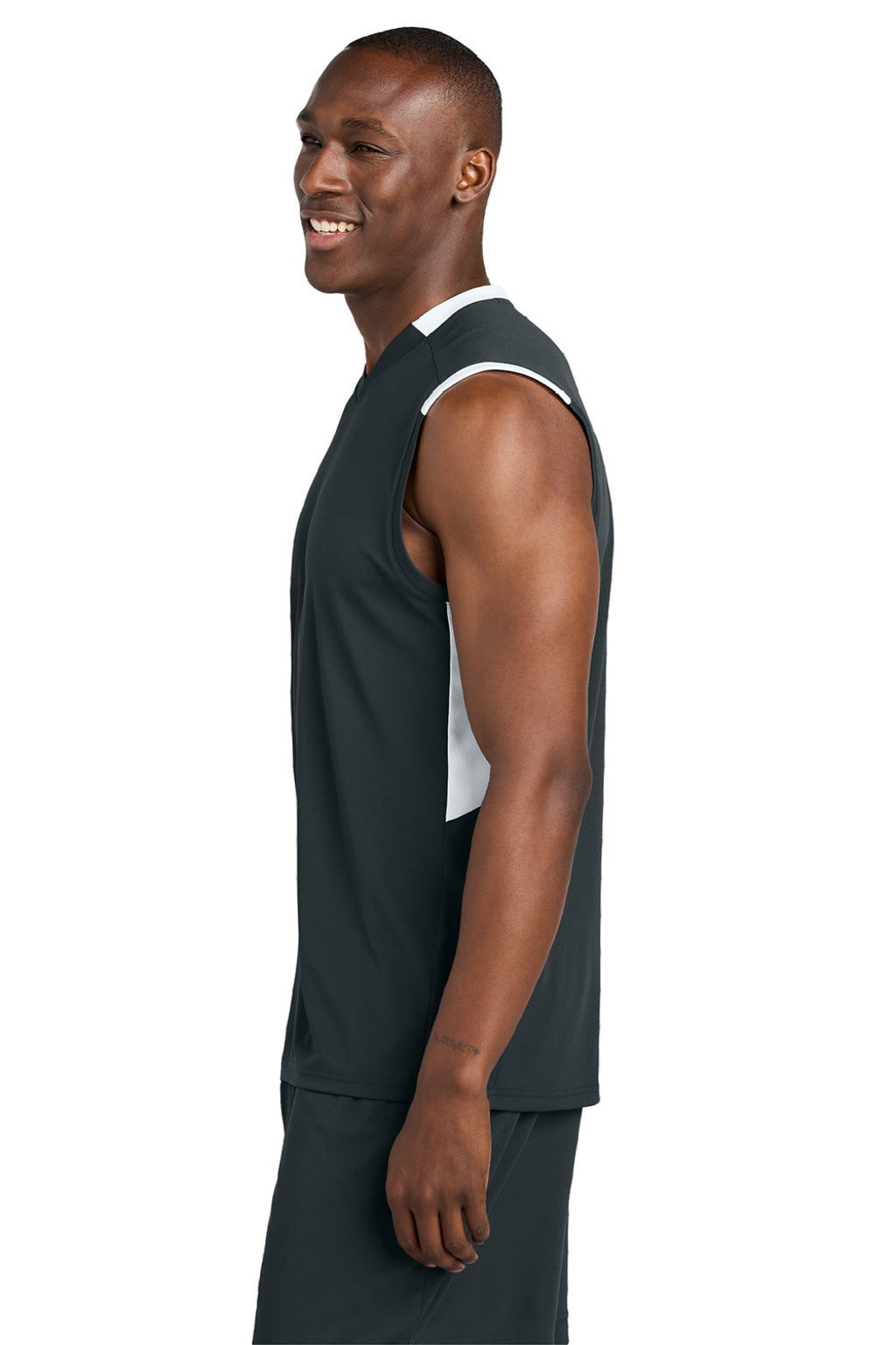 Sport-Tek ST441 Mens Club Moisture Wicking V-Neck Tank Top Iron Grey/White Model Side