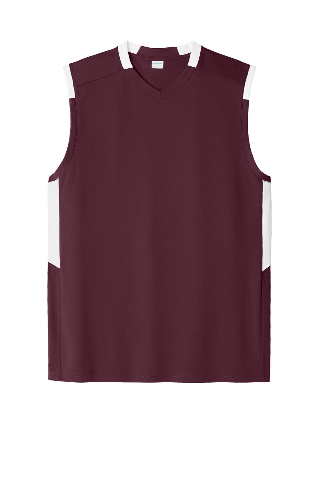 Sport-Tek ST441 Mens Club Moisture Wicking V-Neck Tank Top Maroon/White Flat Front