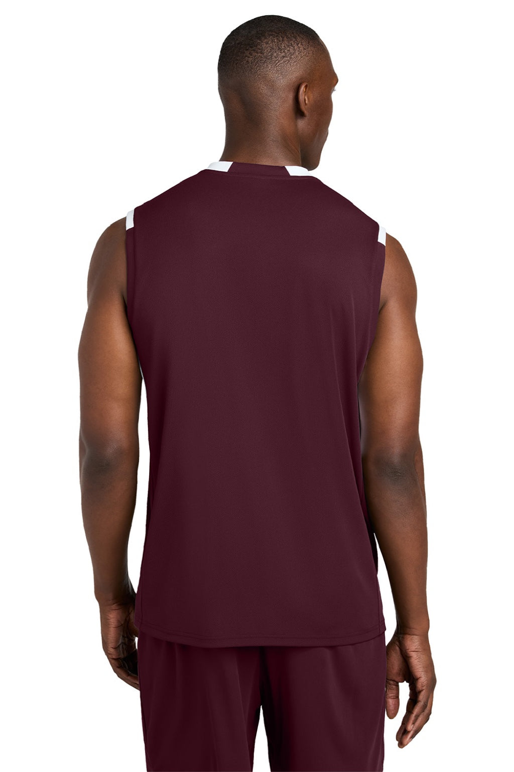 Sport-Tek ST441 Mens Club Moisture Wicking V-Neck Tank Top Maroon/White Model Back