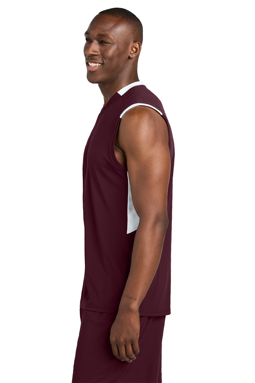 Sport-Tek ST441 Mens Club Moisture Wicking V-Neck Tank Top Maroon/White Model Side