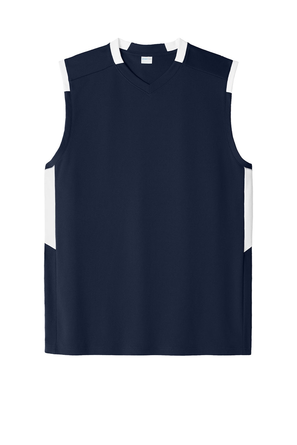 Sport-Tek ST441 Mens Club Moisture Wicking V-Neck Tank Top True Navy Blue/White Flat Front