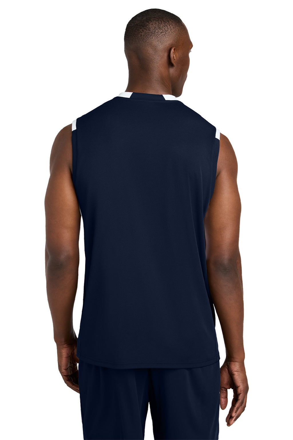 Sport-Tek ST441 Mens Club Moisture Wicking V-Neck Tank Top True Navy Blue/White Model Back