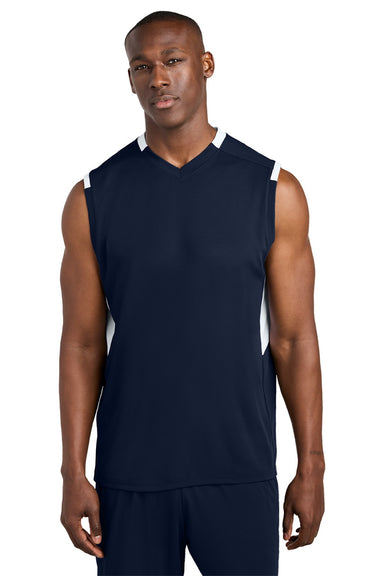 Sport-Tek ST441 Mens Club Moisture Wicking V-Neck Tank Top True Navy Blue/White Model Front