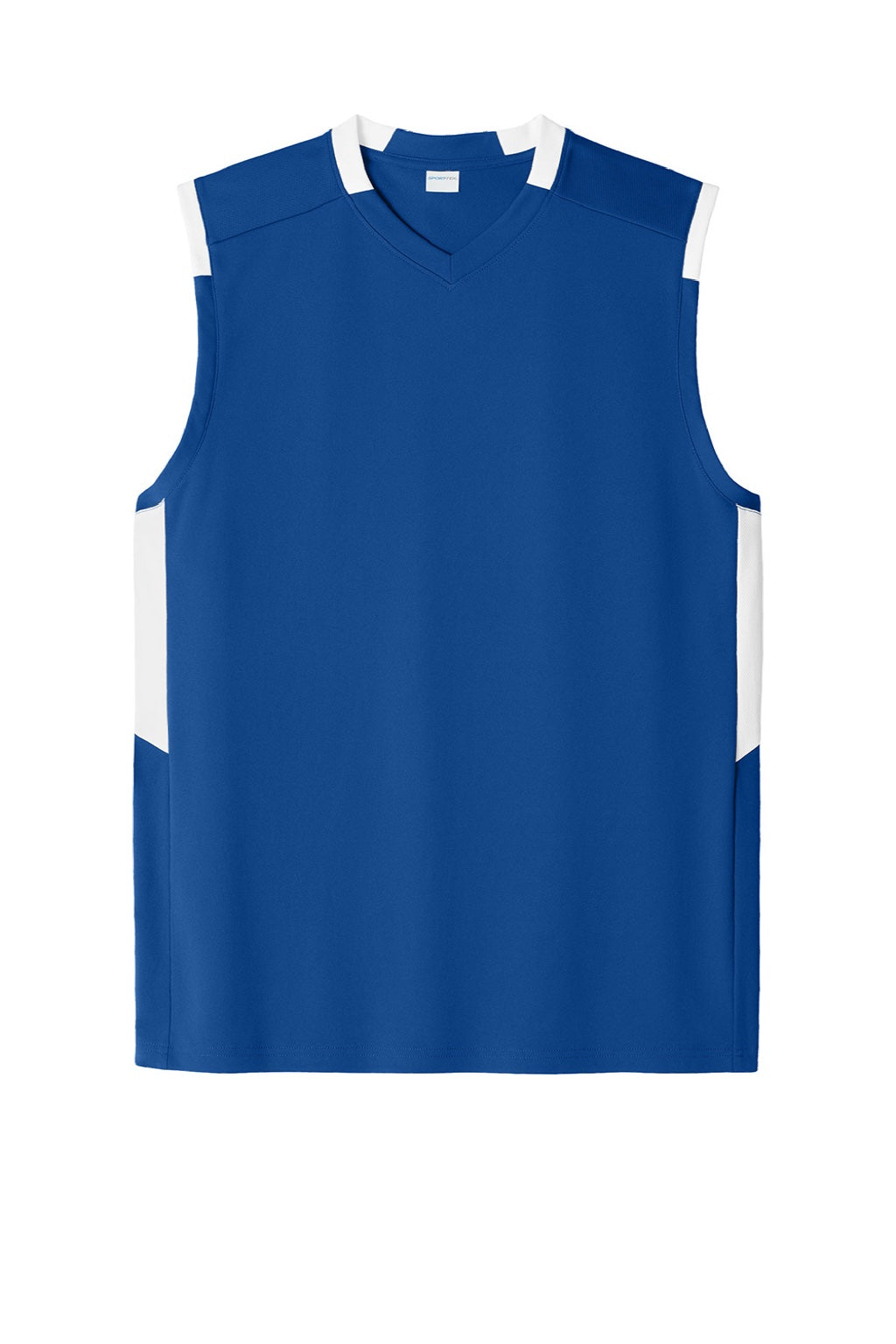Sport-Tek ST441 Mens Club Moisture Wicking V-Neck Tank Top True Royal Blue/White Flat Front