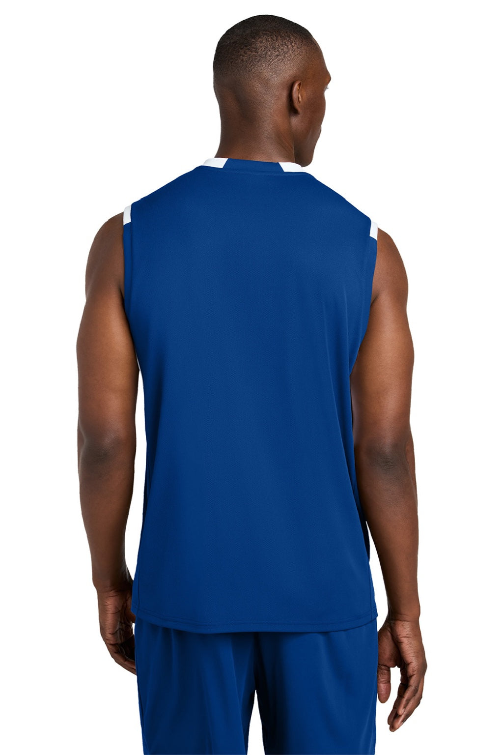 Sport-Tek ST441 Mens Club Moisture Wicking V-Neck Tank Top True Royal Blue/White Model Back