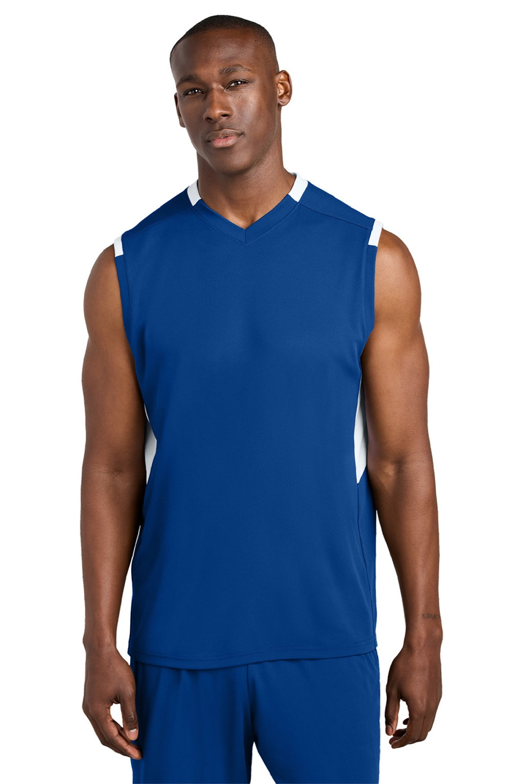 Sport-Tek ST441 Mens Club Moisture Wicking V-Neck Tank Top True Royal Blue/White Model Front