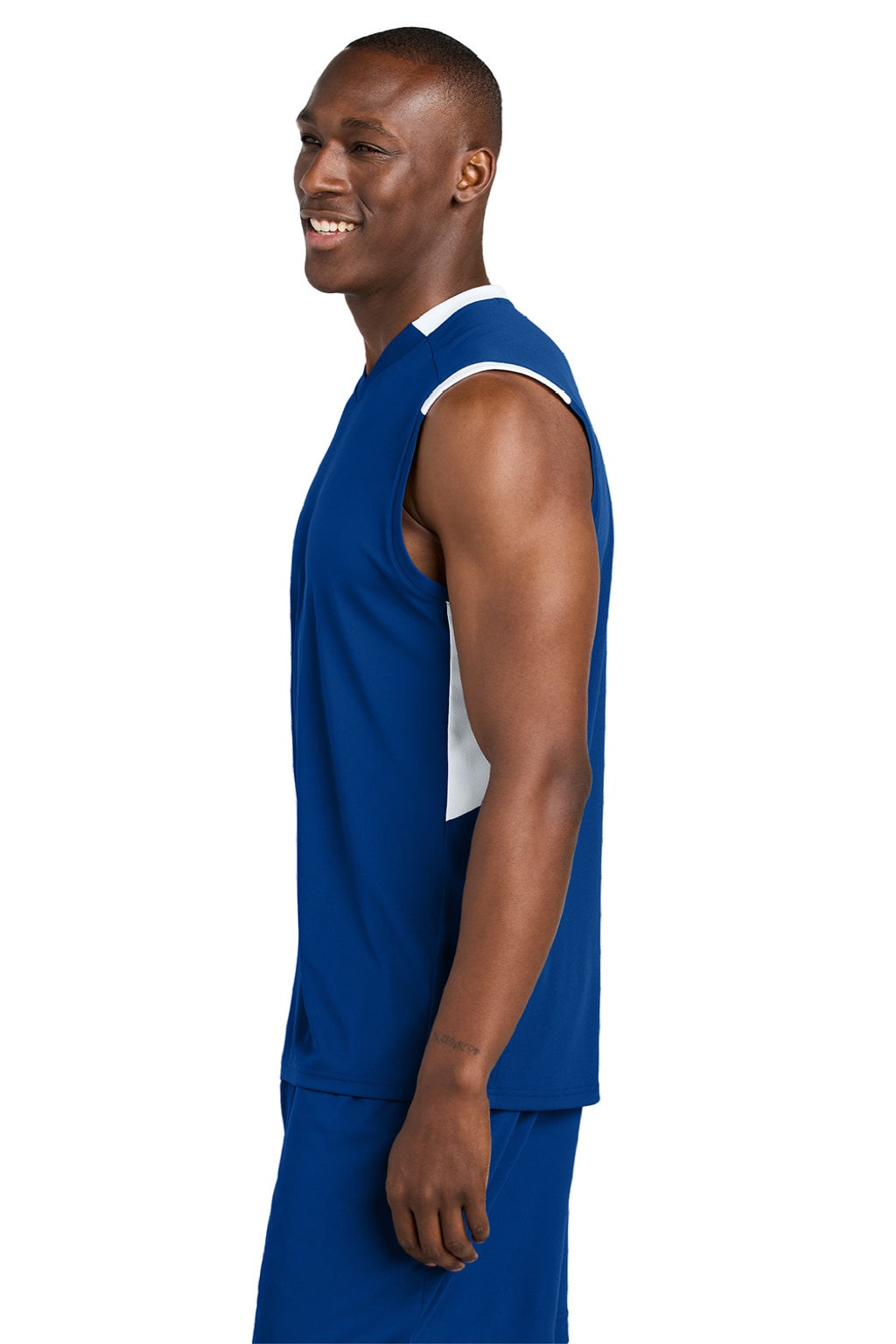 Sport-Tek ST441 Mens Club Moisture Wicking V-Neck Tank Top True Royal Blue/White Model Side