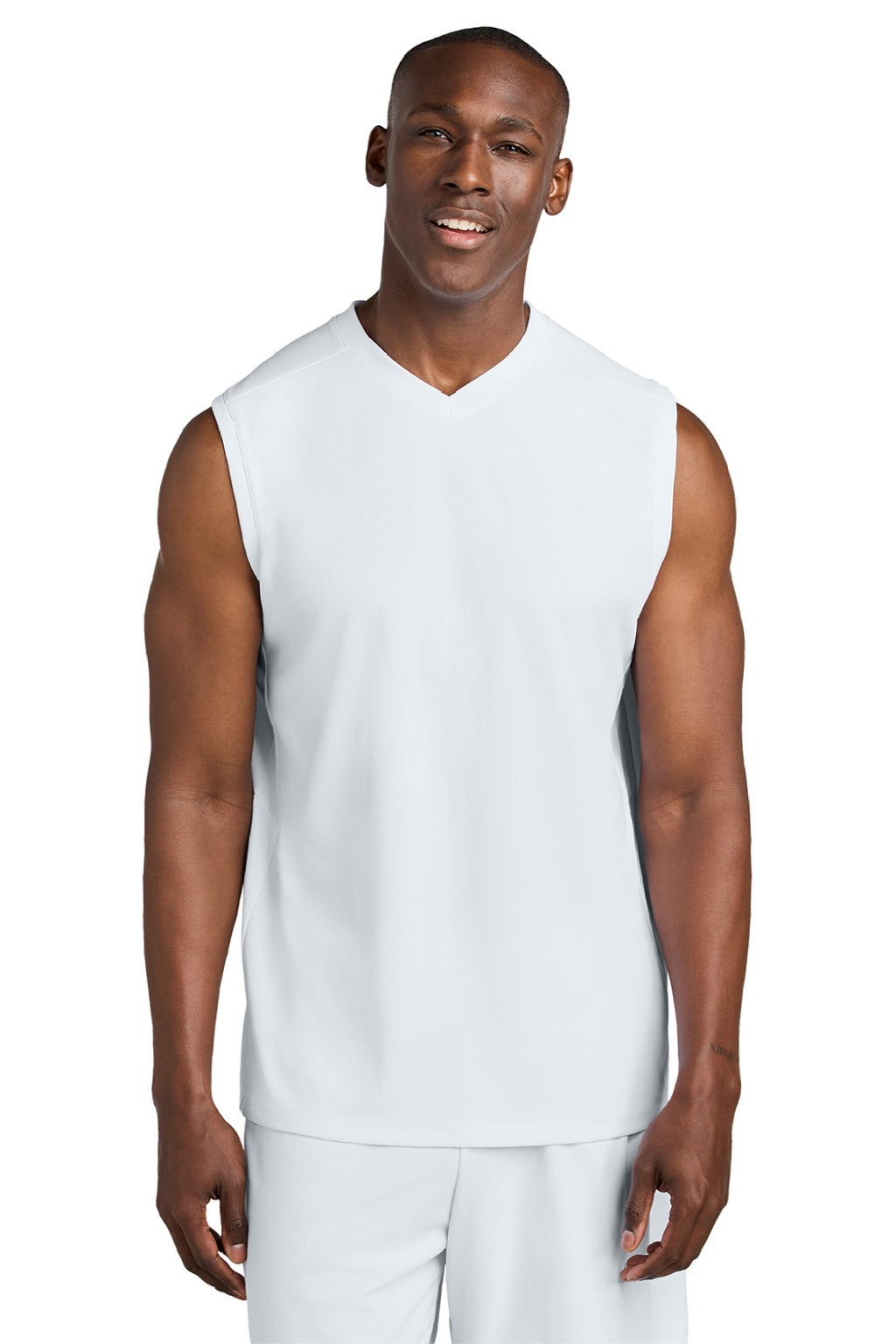 Sport-Tek ST441 Mens Club Moisture Wicking V-Neck Tank Top White/White Model Front