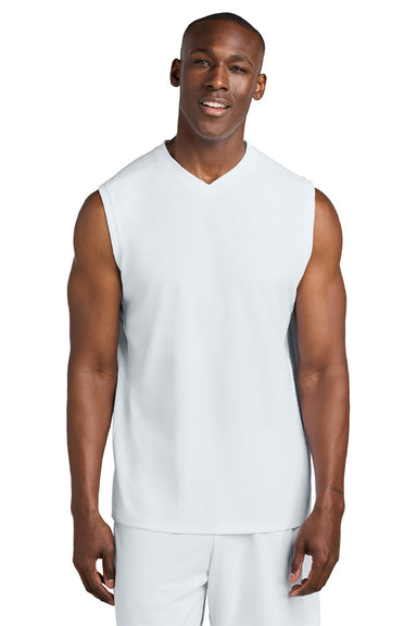 Sport-Tek ST441 Mens Club Moisture Wicking V-Neck Tank Top White/White Model Front