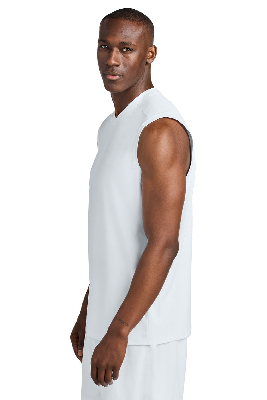 Sport-Tek ST441 Mens Club Moisture Wicking V-Neck Tank Top White/White Model Side
