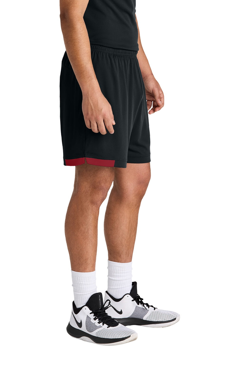 Sport-Tek ST442 Mens Club Moisture Wicking Shorts Black/Deep Red Model Side