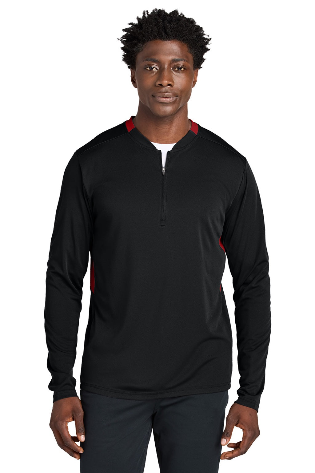 Sport-Tek ST443 Mens Club Moisture Wicking 1/4 Zip Sweatshirt Black/Deep Red Model Front