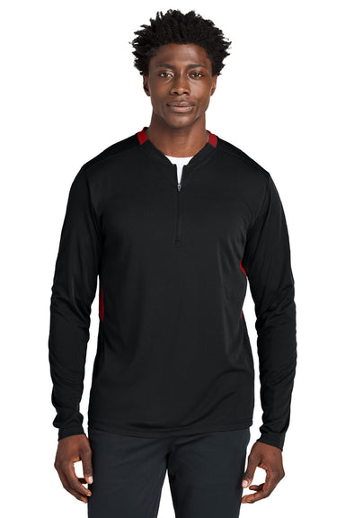 Sport-Tek ST443 Mens Club Moisture Wicking 1/4 Zip Sweatshirt Black/Deep Red Model Front