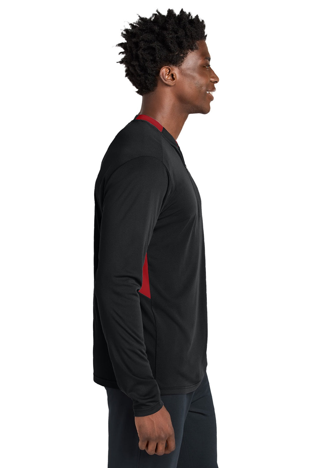 Sport-Tek ST443 Mens Club Moisture Wicking 1/4 Zip Sweatshirt Black/Deep Red Model Side