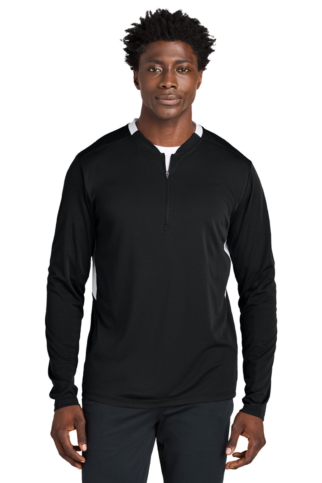 Sport-Tek ST443 Mens Club Moisture Wicking 1/4 Zip Sweatshirt Black/White Model Front