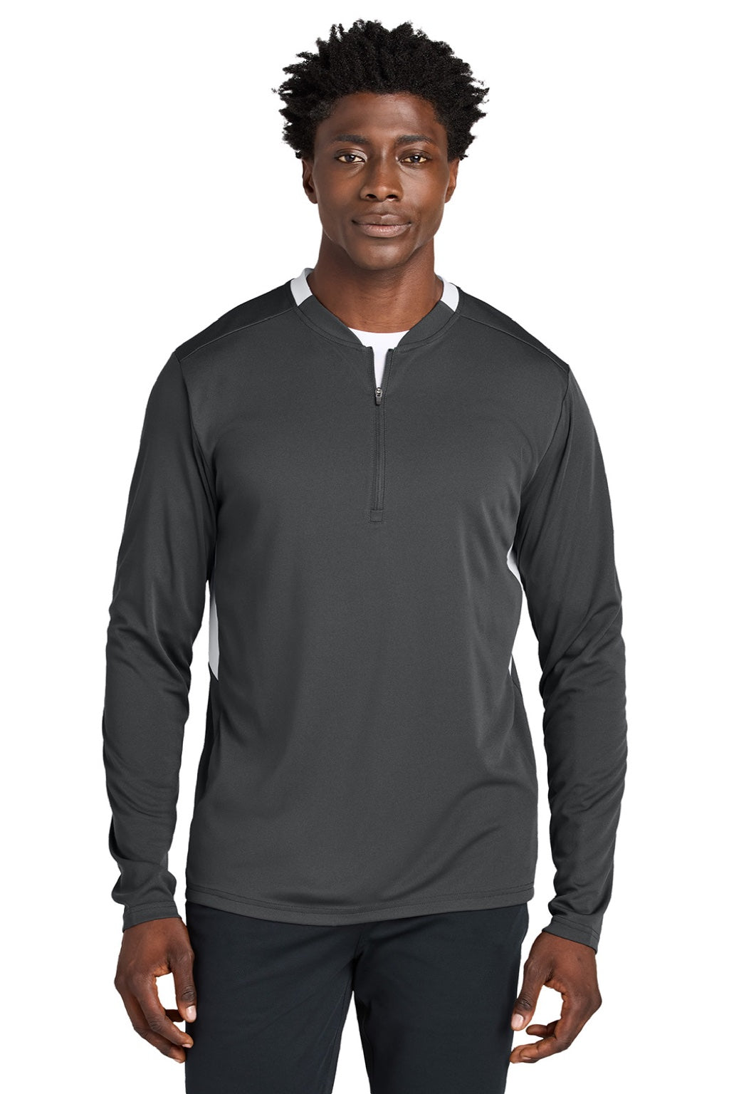 Sport-Tek ST443 Mens Club Moisture Wicking 1/4 Zip Sweatshirt Iron Grey/White Model Front