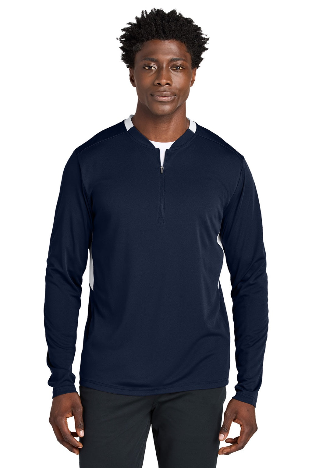 Sport-Tek ST443 Mens Club Moisture Wicking 1/4 Zip Sweatshirt True Navy Blue/White Model Front