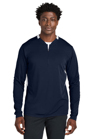 Sport-Tek ST443 Mens Club Moisture Wicking 1/4 Zip Sweatshirt True Navy Blue/White Model Front