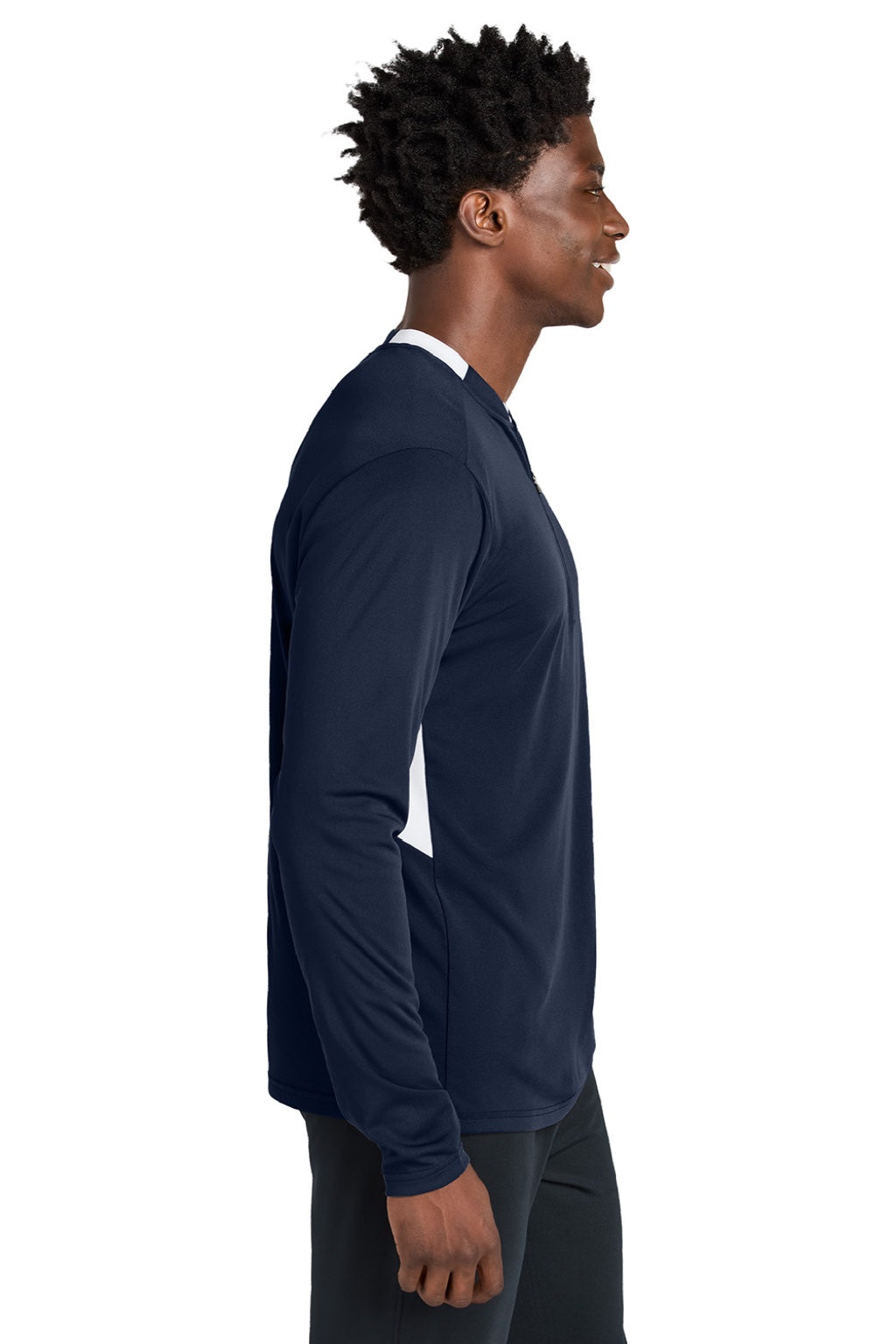 Sport-Tek ST443 Mens Club Moisture Wicking 1/4 Zip Sweatshirt True Navy Blue/White Model Side