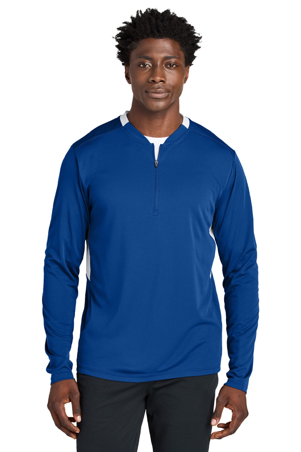 Sport-Tek ST443 Mens Club Moisture Wicking 1/4 Zip Sweatshirt True Royal Blue/White Model Front