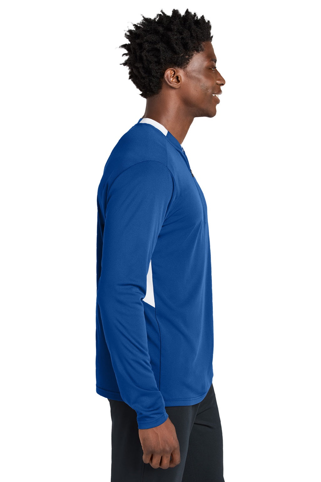 Sport-Tek ST443 Mens Club Moisture Wicking 1/4 Zip Sweatshirt True Royal Blue/White Model Side