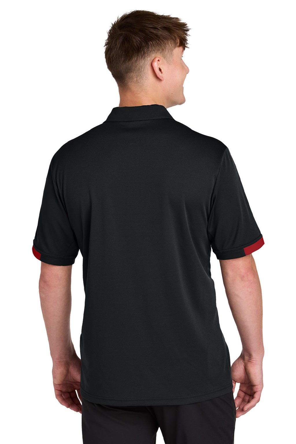 Sport-Tek ST444 Mens Club Colorblock Moisture Wicking Short Sleeve Polo Shirt Black/Deep Red Model Back