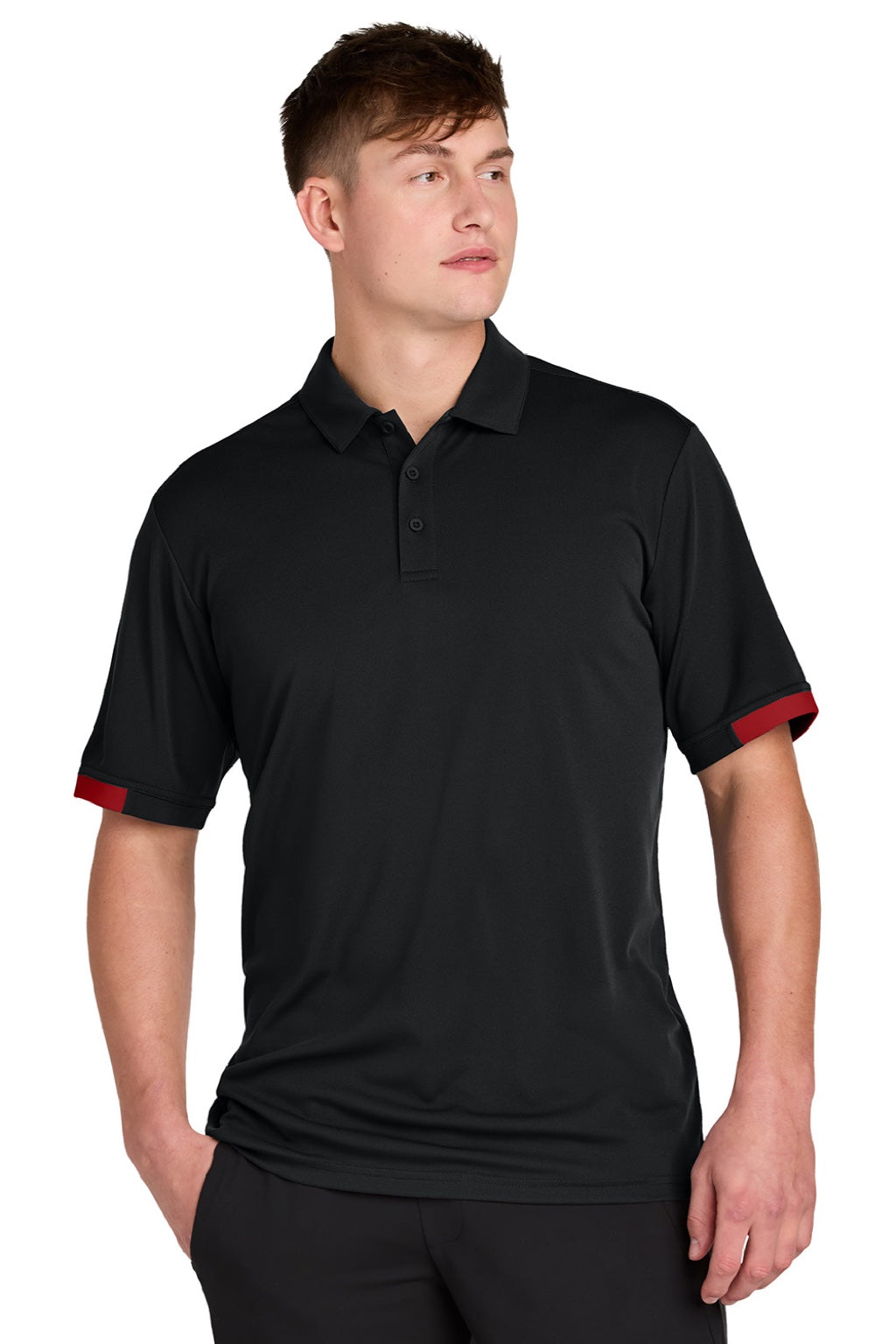 Sport-Tek ST444 Mens Club Colorblock Moisture Wicking Short Sleeve Polo Shirt Black/Deep Red Model Front