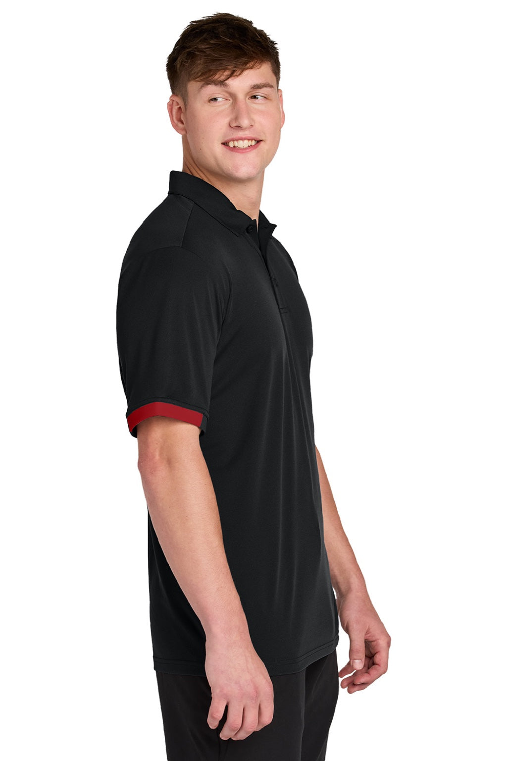 Sport-Tek ST444 Mens Club Colorblock Moisture Wicking Short Sleeve Polo Shirt Black/Deep Red Model Side
