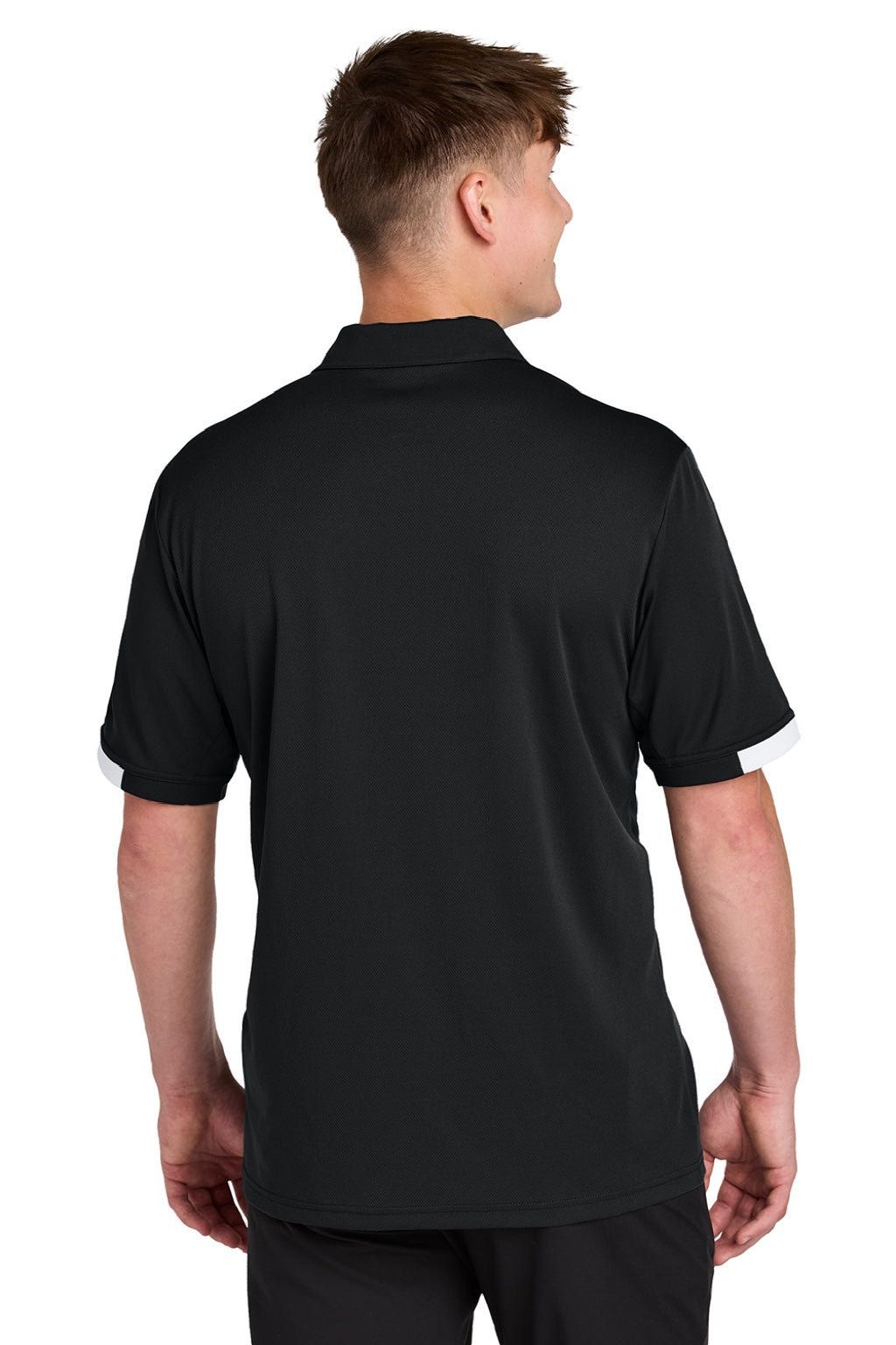 Sport-Tek ST444 Mens Club Colorblock Moisture Wicking Short Sleeve Polo Shirt Black/White Model Back