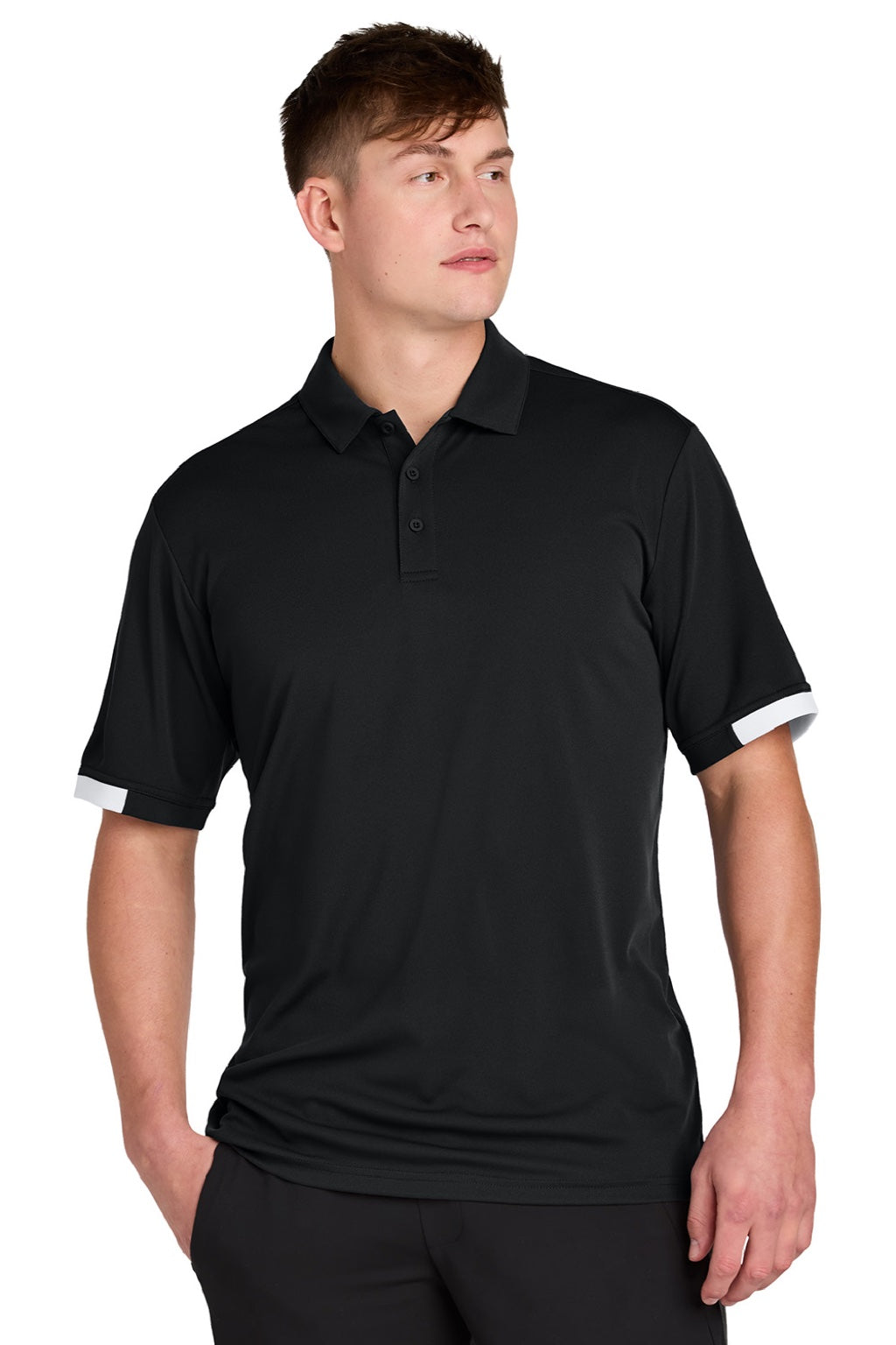 Sport-Tek ST444 Mens Club Colorblock Moisture Wicking Short Sleeve Polo Shirt Black/White Model Front
