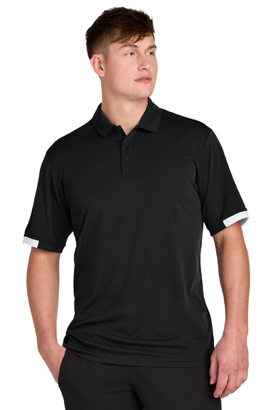 Sport-Tek ST444 Mens Club Colorblock Moisture Wicking Short Sleeve Polo Shirt Black/White Model Front