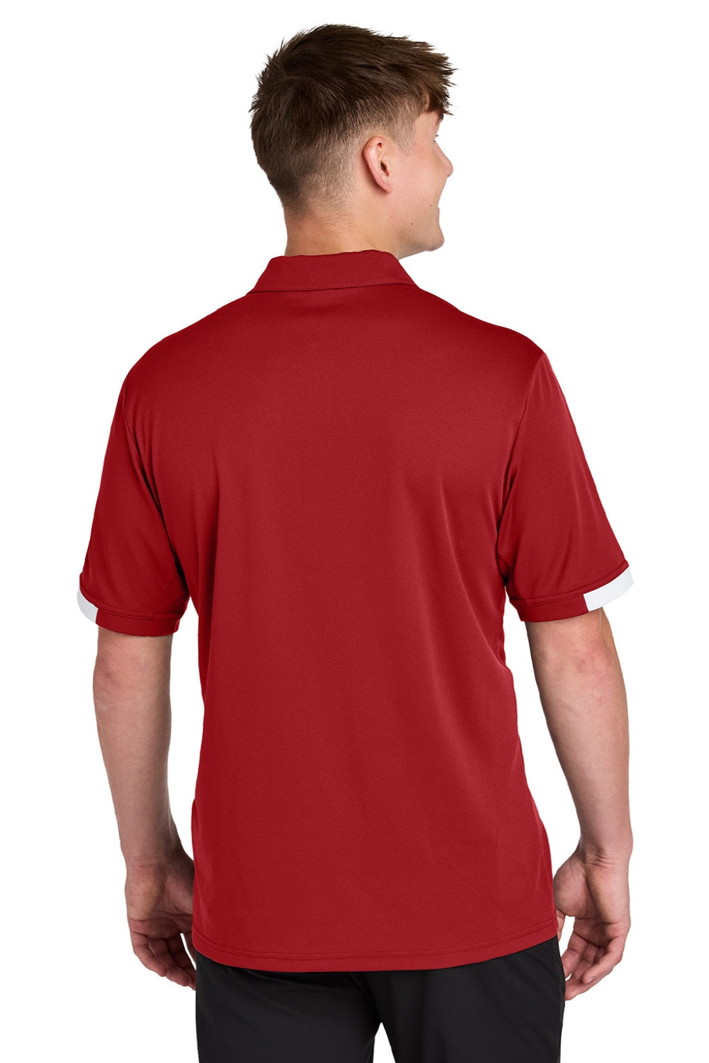 Sport-Tek ST444 Mens Club Colorblock Moisture Wicking Short Sleeve Polo Shirt Deep Red/White Model Back