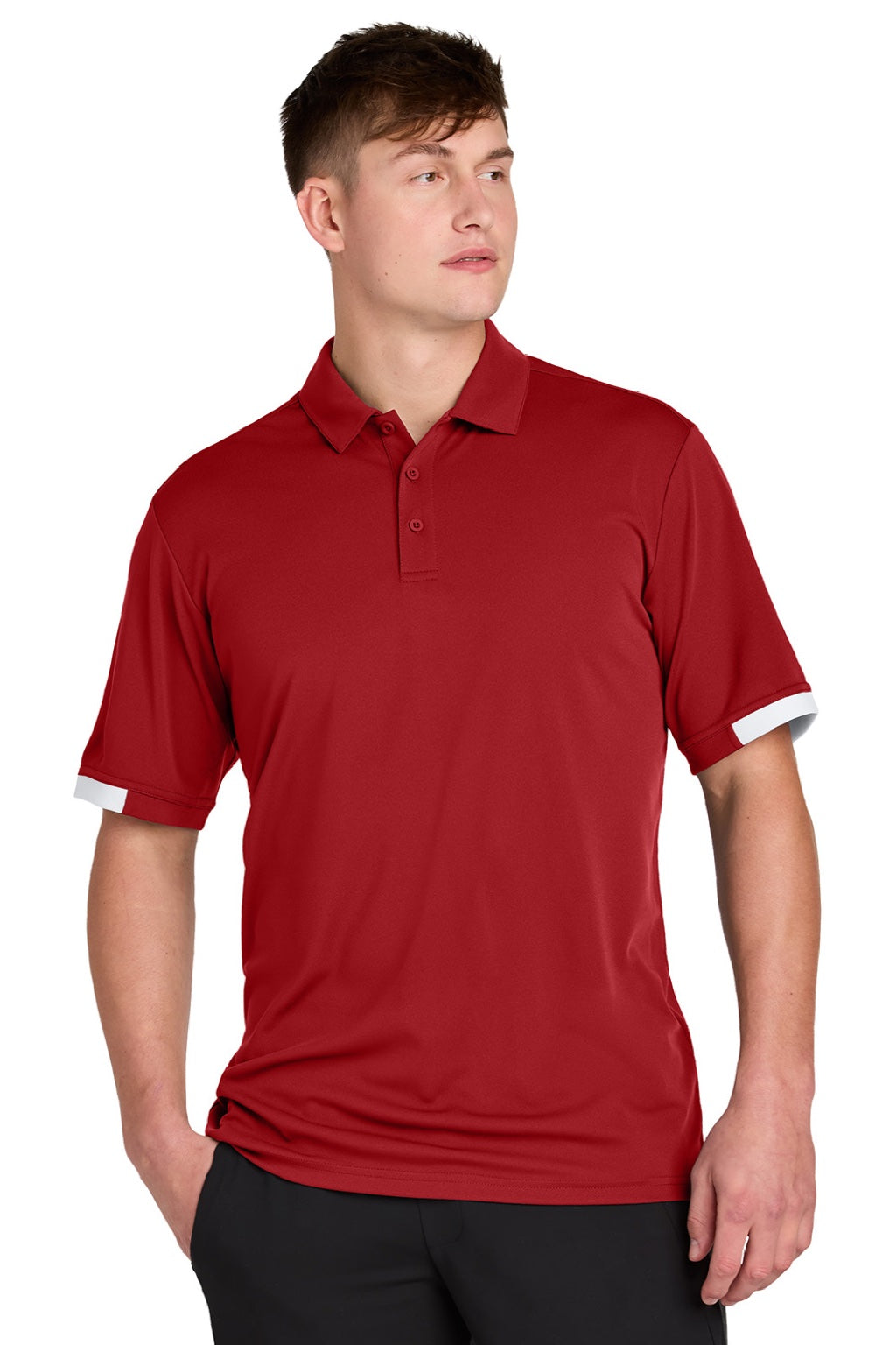Sport-Tek ST444 Mens Club Colorblock Moisture Wicking Short Sleeve Polo Shirt Deep Red/White Model Front