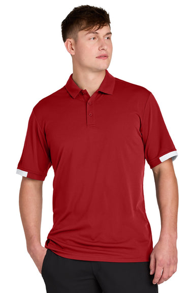 Sport-Tek ST444 Mens Club Colorblock Moisture Wicking Short Sleeve Polo Shirt Deep Red/White Model Front
